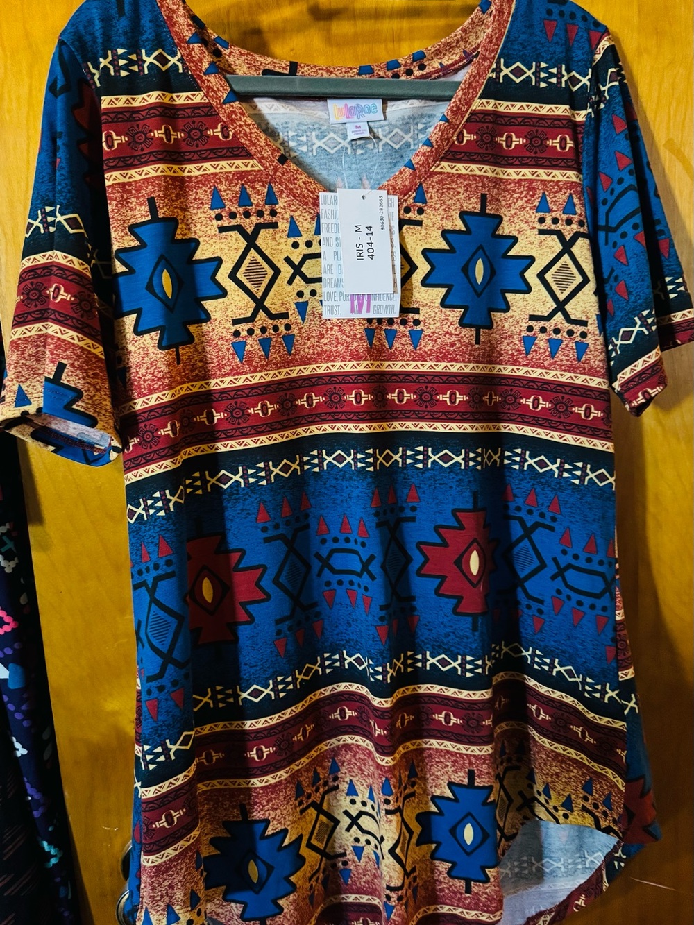 LuLaRoe Short Sleeve V-Neck Top - Blue, Red, Gold - Picture 1 of 4